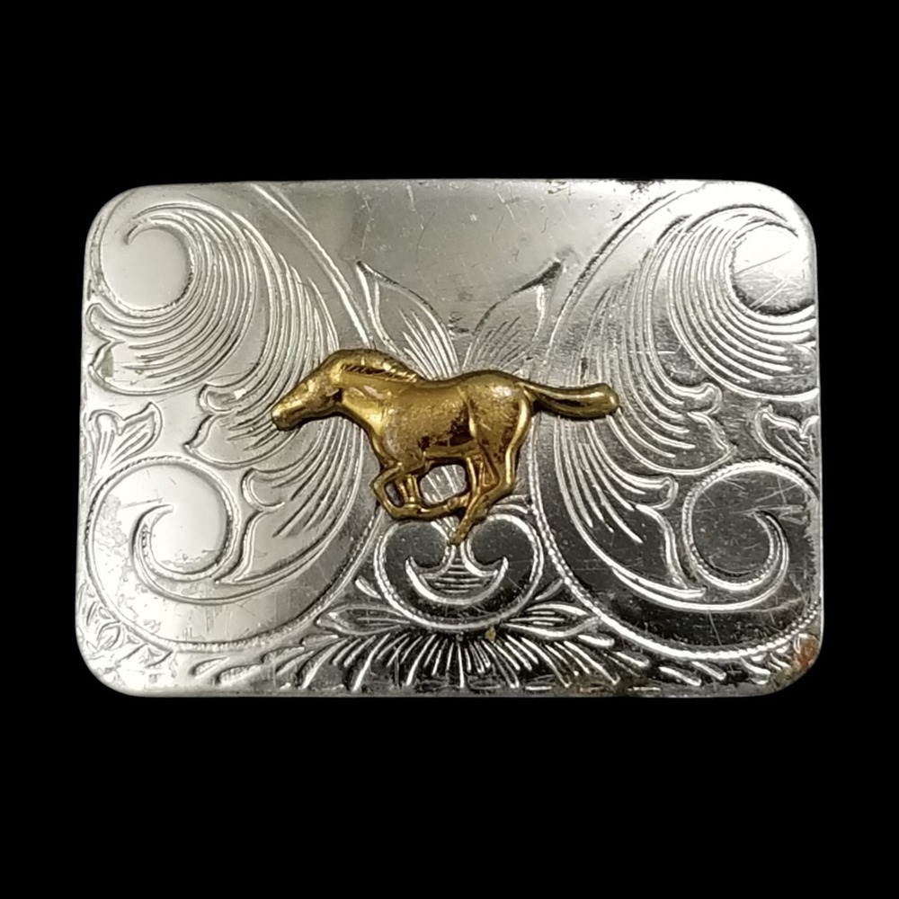 Vintage Nickel Silver Western Belt‎ Buckle Galloping Horse Floral Engraved Small